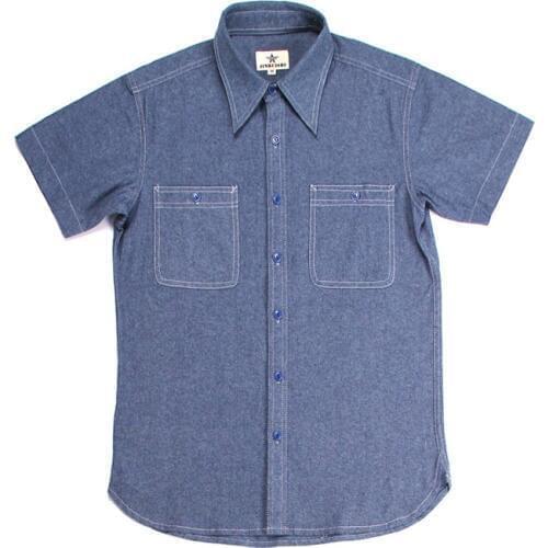 Repro WW2 US Navy Vintage Chambray Shirts Short Sleeve Mens Workwear Light Blue