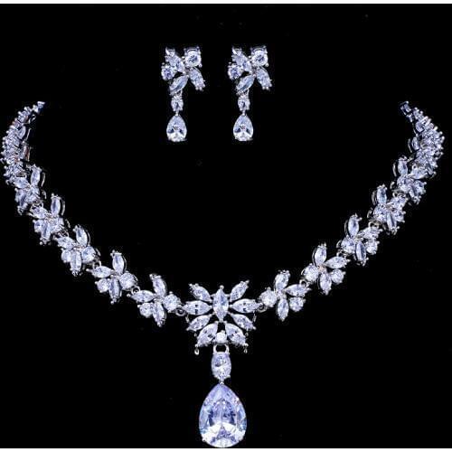 Emmaya Brand Luxury Sparkling Cubic Zirconia Crystal Zircon Flower Necklace and Earring Wedding Bridal Jewelry Sets Gift