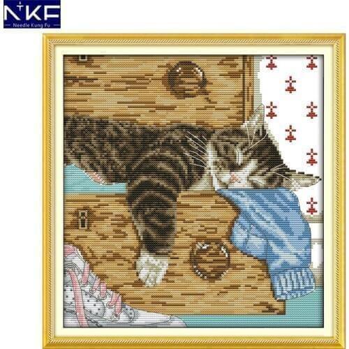 NKF Lovely Lazy Cat Pattern DIY Handmade Craft Needlework Cross Stitch Set Embroidery Kit Animal Design Stitching Home Decor