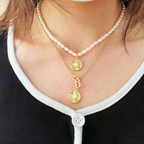 New geometric circular simple star inlaid Zircon Pendant natural pearl necklace OT buckle necklace