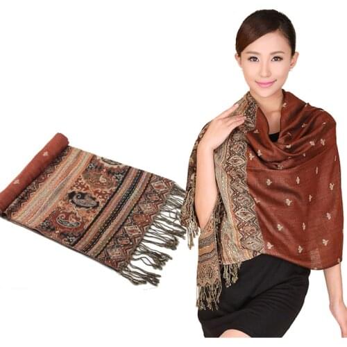 New Arrival Autumn Winter Brick Red Hot Sale Reversal Double-Sides Fancy Paisley Womens Pashmina Shawl Scarf Warp Bee 011504