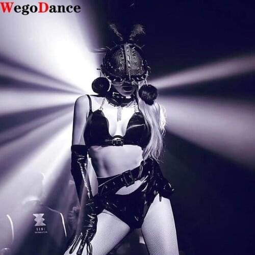 New Women Dance Costume Black Leather Hanging Neck Belt Nightclub Singer Bar Stage Wear Suit