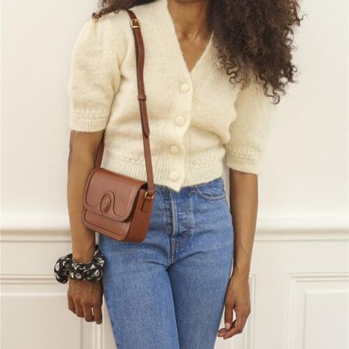 Single Breasted Sweater Women Puff Sleeve Mohair Knit Tops V-neck Retro Solid Color Knitwear Cardigans