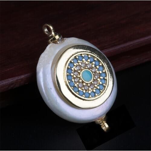 Paved gold mint green cz evil eye protection disc disk freshwater pearl connector pendant bead charm for jewelry