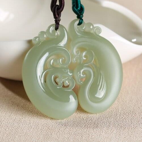 Natural hetian green jade pendant hollow hand carved jade dragon Phoenix pendants women jade necklace lover fine jade jewelry