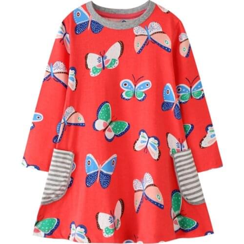 Jumping Meters 3-12T Long Sleeve Autumn Girls Pockets Cotton Clothing Butterflies Print Party Girls Dresses