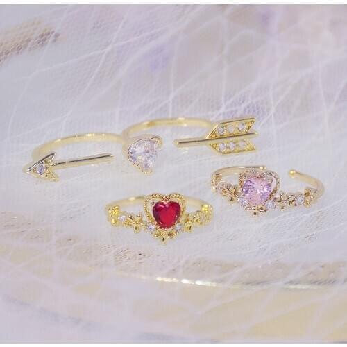 Romantic Arrow of Love Double Finger Ring 14k Real Gold Heart Crystal CZ Rings For Women Gift Bague Anillos Bijoux Adjustable