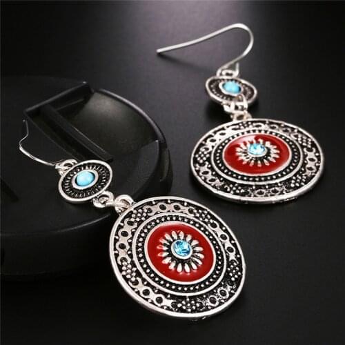 1Pair Vintage Bohemian Ethnic Style Earring Antique Silver Plated Red Alloy Flower Enamel Rhinestone Drop Earrings For Women