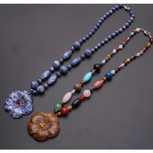 1PC Boho Statement Colorful Necklace Natural Stone Carve Flower Agates Beads Hand Knot Rope Accessories Necklaces For Women Free