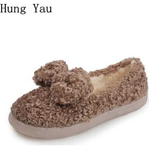 Women Flats Shallow Butterfly-knot Solid Winter Slip On Shoes Fashion Short Plush Warm Round Toe Platform Casual Comfortable