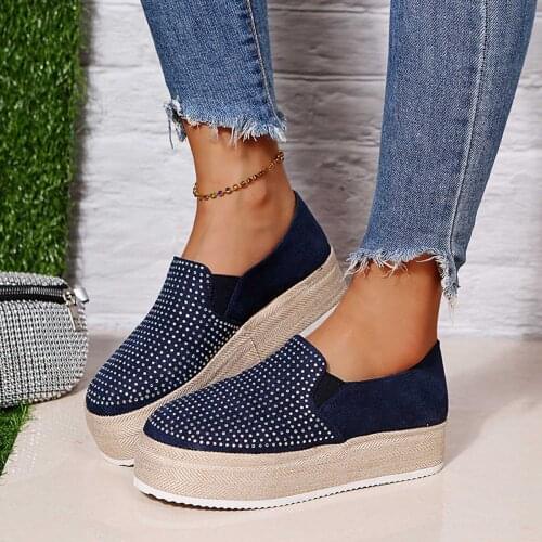 Womens Shoes Breathable Rhinestone Flat Round Toe Comfortable Slip-On Casual Outdoor Walking Single Shoes Ladies Sneakers