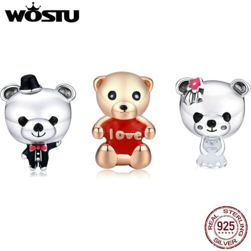 WOSTU Sterling Silver 925 Teddy bear Safety Chain Pendant Fit Charm Bracelet DIY Women Silver Original Bead Jewelry MAKE