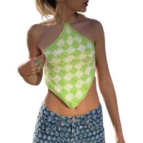 Womens Halter Crop Cami Tops Sleeveless Cross Tie Backless Plaid Print Knit Camisole