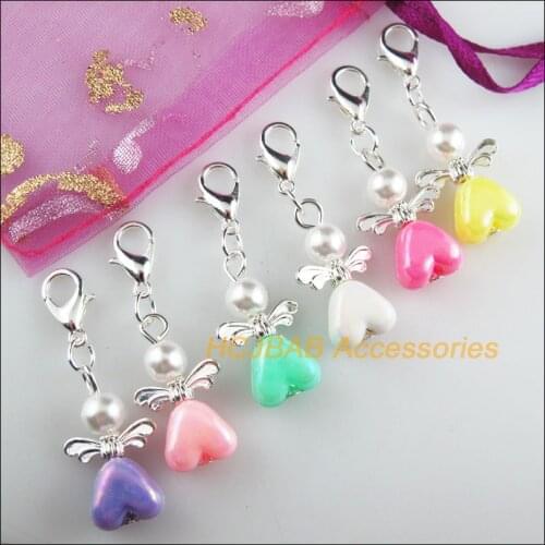 12 New 13.5x23mm Angel Charms Mixed Tiny Heart Acrylic Silver Plated Retro With Lobster Claw Clasps