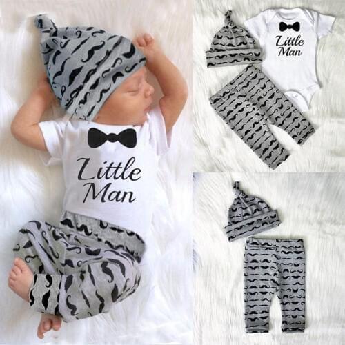 0-18M 3pcs Baby Boys Little Man Romper+Pants+Hat Newborn Jumpsuit Girls Outfits Set