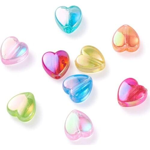 8x8x3mm Environmental Transparent Acrylic Beads, Heart, Dyed, AB Color, Mixed Color, Hole: 1.5mm; 2800pcs/500g