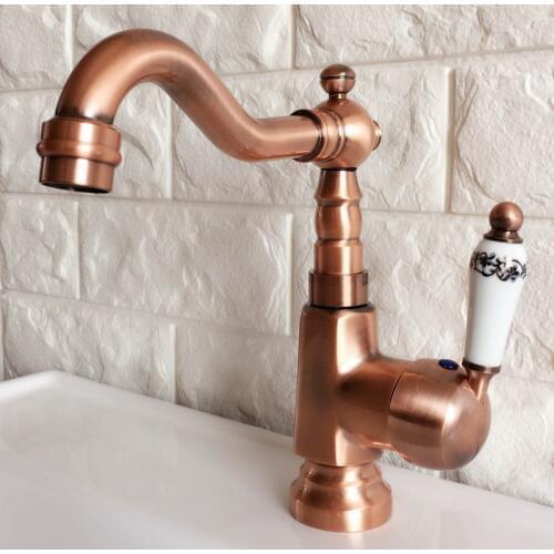 Antique Red Copper Brass Bathroom Kitchen Basin Sink Faucet Mixer Tap Swivel Spout Single Handle One Hole Deck Mounted mnf398