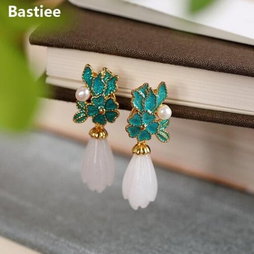 Bastiee Ethnic Pearl Jade Drop Earrings For Women Silver 925 Jewelry Gold Plating Blue Cloisonne Enamel Earings