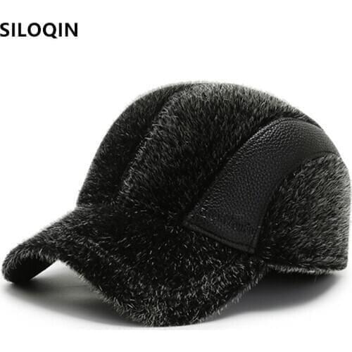 SILOQIN Snapback Cap 2020 New Winter Warm Baseball Caps For Men Faux Mink Hats Thick Thermal Earmuffs Hat Mens Trend Sports Cap