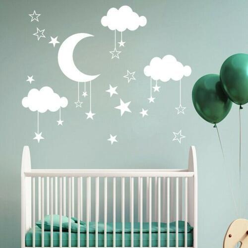 Baby Nursery Clouds Stars Wall Sticker Moon Vinyl Wall Decal Room Decor for Kids Rooms Girls Boys Playroom Bedroom Mural A201