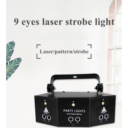 DMX Laser Projection Lamp 9 Eyes Laser Strobe Pattern Remote RGB Night Headlight Projector Light for Dj Disco Club Stage Party