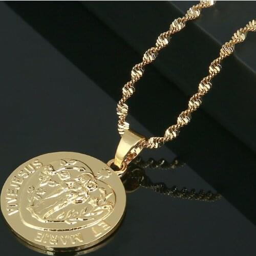 Gold Color Virgin Mary Pendant Necklace Our Lady ET Marie Vive Jesus Round Chain Jewelry