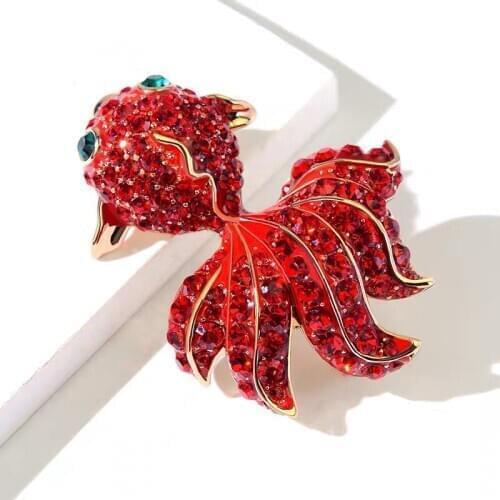 HOSENG Red Crystal Rhinestone Goldfish Brooch Cute Animal Jewelry Accessories HS_178