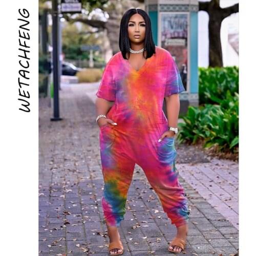 Jumpsuit Female Tie Dye V Neck Short Sleeve Loose Overalls 2021 Spring Autumn Long Pants Romper Outfits Plus Size Women Clothing