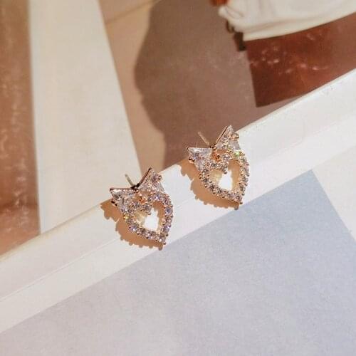 Korean Fashion Cute 925 Sterling Silver Bow Love Shiny Zircon Earrings Earrings Female Zircon All-match Earrings Ladies Jewelry