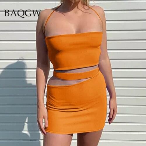 Backless Sexy Bandages Mini Dress for Women Hollow Out Bodycon Dress Summer 2021 Party Night Club Halter Tops Slim Two Piece Set