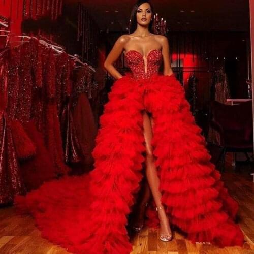 Red Prom Dresses Ball Gown Sweetheart Tulle Beaded Crystals Tiered Slit Sexy Long Prom Gown Evening Dresses Robe De Soiree