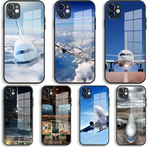 Flying plane Soft Glass Silicone Case For iPhone 12 11 Pro X XS Max XR 8 7 6 Plus SE 2020 S Mini Balck Cover