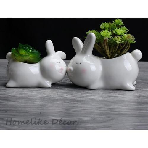 Set of 2 pieces Bunny shaped ceramic flowerpot Mini Rabbit porcelain flower plant pot for Desktop Home Garden decoration