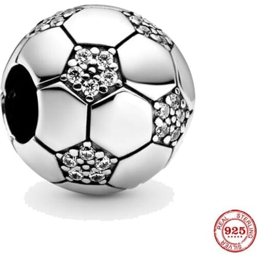 New 925 Sterling Silver Beads Sparkling Soccer Charm Fits Original Pandora Bracelets DIY Jewelry Making For Women Gifts