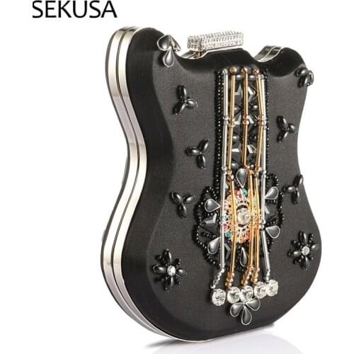 New Design Violin Women Evening Bags Black Color Beaded Tassel Party Handbags Diamonds Wedding Day Clutch Purse