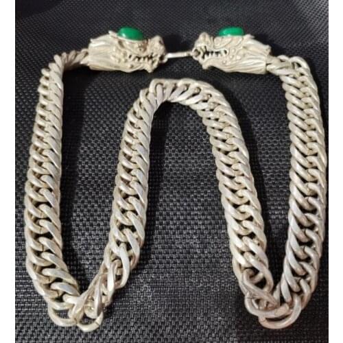 China archaize White copper inlay Imitate gem double dragon head necklace