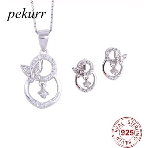 Pekurr 925 Sterling Silver Butterfly Drop Zircon Gems Earrings Necklace Sets For Women Round Circle Pendants Jewelry Sets