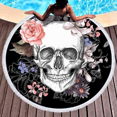 Skull Beach Towel Microfiber Round Towel Super Absorbent Quick Dry Sand Free Gothic Towels With Tassel Adult Beach Blanket