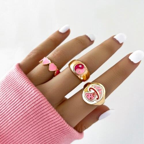 Stillgirl 3Pcs Kpop Pink Mushroom Tai Chi Rings for Women Cute Heart Crystal Stranger Things Female Y2k Fashion Jewelry Anillos