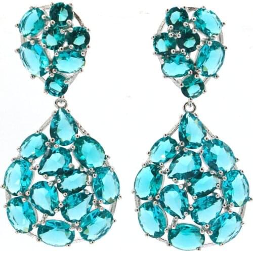 43x21mm Multi Color Created Garnet Peridot Aquamarine White CZ For Women Daily Wear Silver Earrings