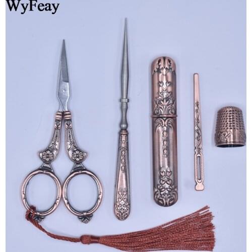 Vintage Retro Scissors Set Awl+Threader+Thimble Embroidery Needlework Tools Sewing Tailor Scissors Cross Stitch Thread Cutting