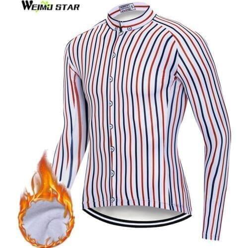 Weimostar Stripe Cycling Jersey Long Sleeve Men Winter Thermal Fleece Mountain Bike Clothing Windproof Road Bicycle Wear Clothes