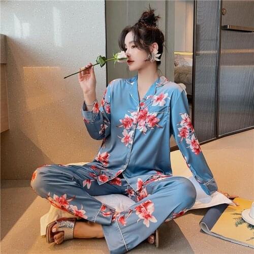 Womens Pajamas Set Luxury High Fashion Blue Flower Printing Sleepwear Silk Like Lapel Long Sleeve Trousers Casual Nightwear