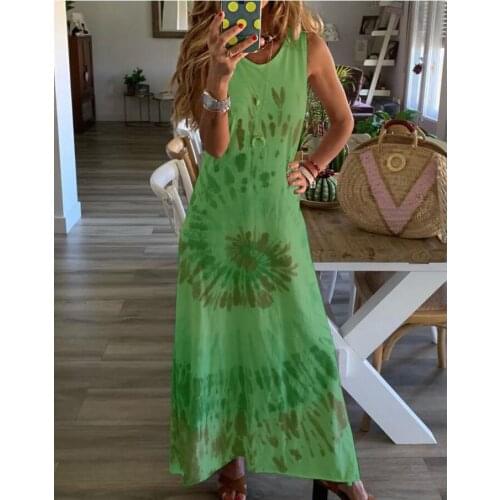 2021 Summer Elegant O Neck Long Dress Casual Women Tie-Dye Print Beach Dress Sexy Sleeveless Female Party Maxi Dresses Vestidos