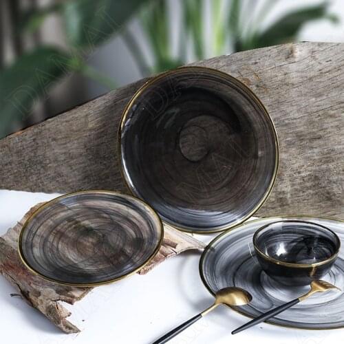 Golden Stroke Glass Plates Splash Ink Decorative Fruit Salad Plate Breakfast Bread Dishes Home Decoration Modern Ornaments