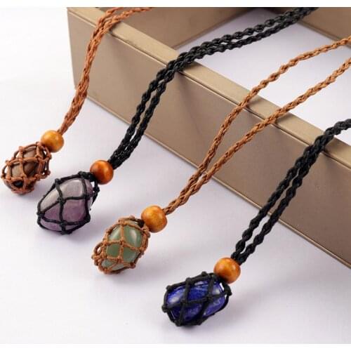 1pc Adjustable Necklace Cord Empty Stone Holder Wax Rope DIY Necklace Natural Quartz Crystal Healing Stone Net Bag Pendant