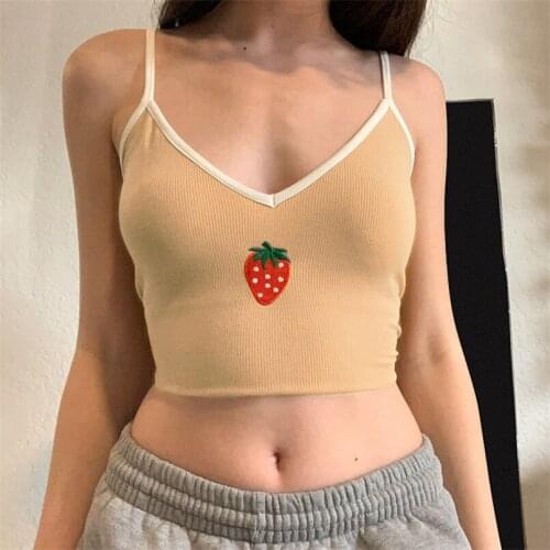 2021 NEW Women Women Fashion V-neck Strawberry Embroidery Tank Top Sleeveless Crop Top for Ladies Female y2k clothes