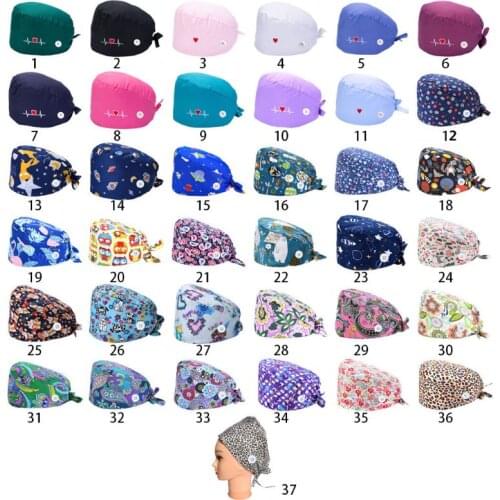 37 Colors Unisex Adjustable Working Scrub Cap with Protect Ears Button Floral Print Bouffant Hat Head Scarf
