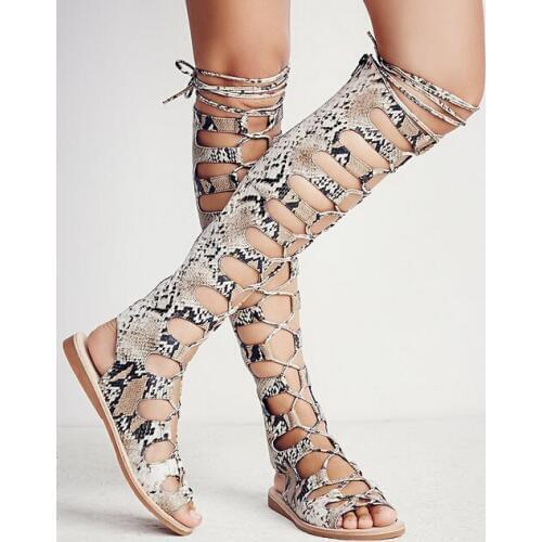 Stylish Snake Print Leather Flat Strappy Sandal Boots Peep Toe Cut-out Gladiator Sandal Boots Summer Dress shoes woman Size 34-4