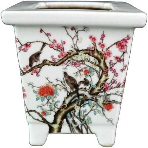 Four square flowerpots with famille rose and bird patterns on old Chinese porcelain